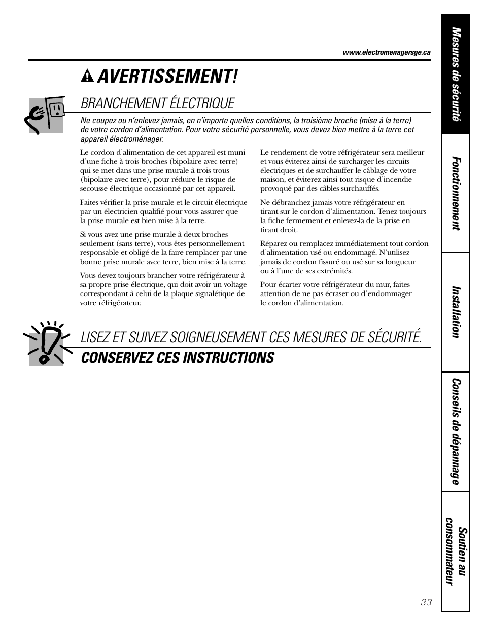 Avertissement, Branchement électrique | Hotpoint 17 User Manual | Page 33 / 88