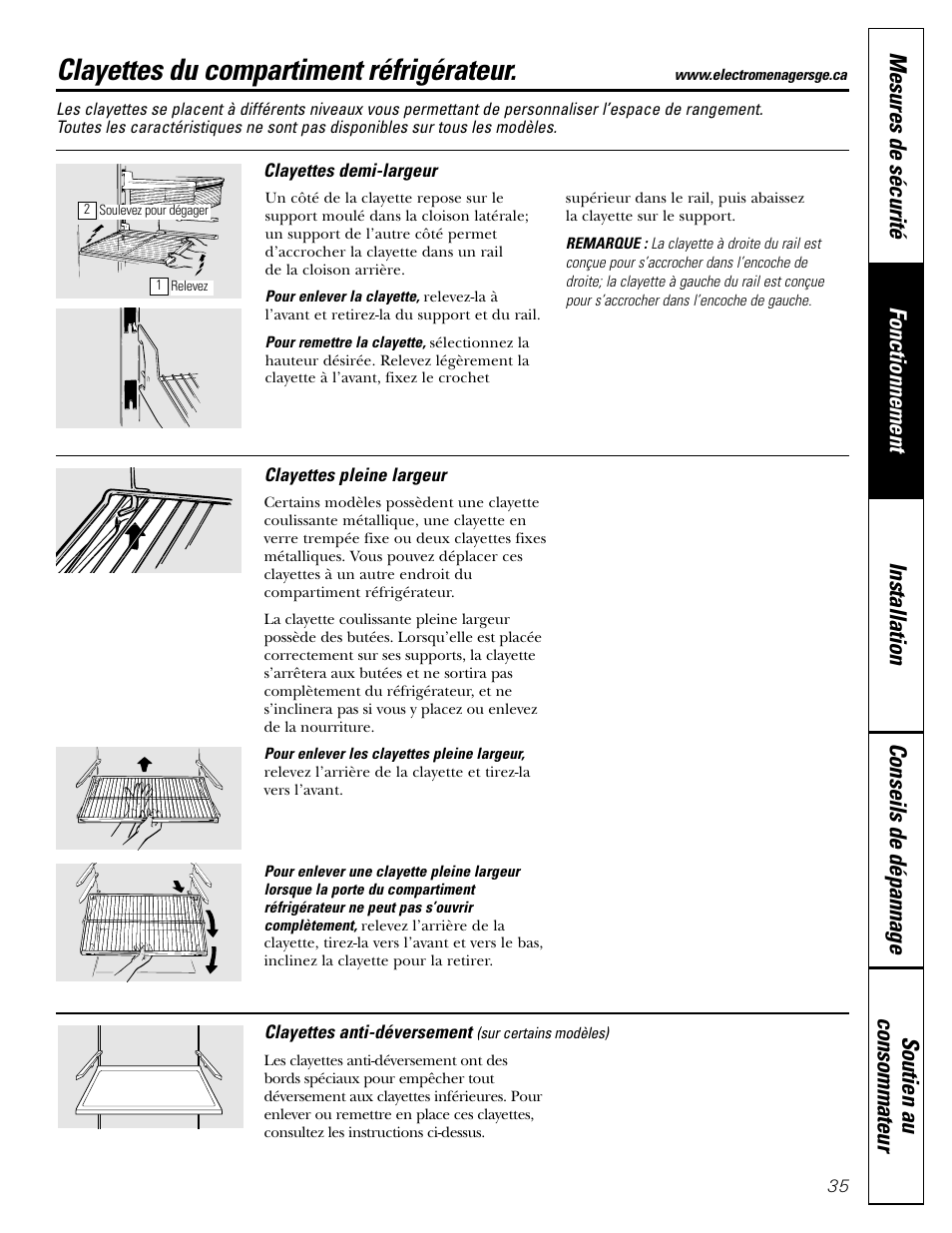 Clayettes, Clayettes , 36, Clayettes du compartiment réfrigérateur | Hotpoint 17 User Manual | Page 35 / 88