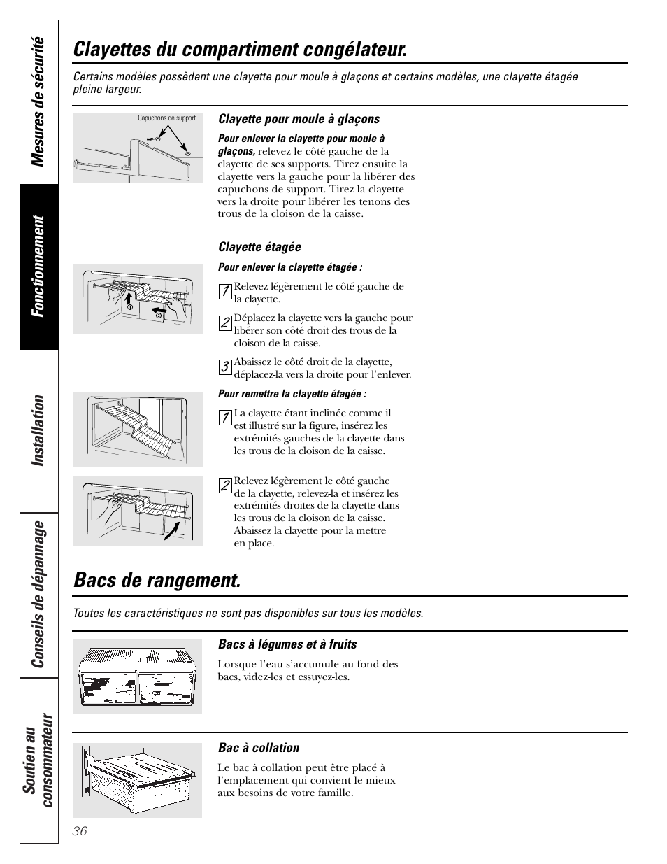 Bacs de rangement, Bacs de rangement , 37, Clayettes du compartiment congélateur | Hotpoint 17 User Manual | Page 36 / 88