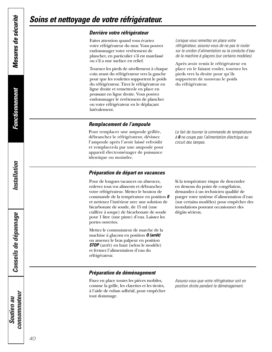 Soins et nettoyage de votre réfrigérateur | Hotpoint 17 User Manual | Page 40 / 88