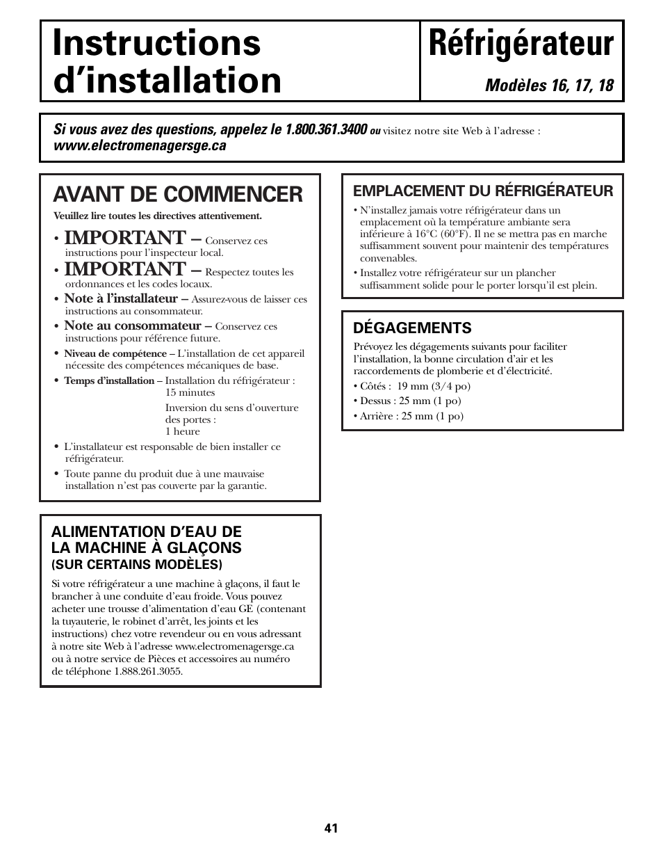 Préparation à l’installation du réfrigérateur, Préparation à l’installation du réfrigérateur , 42, Instructions réfrigérateur d’installation | Avant de commencer, Important | Hotpoint 17 User Manual | Page 41 / 88