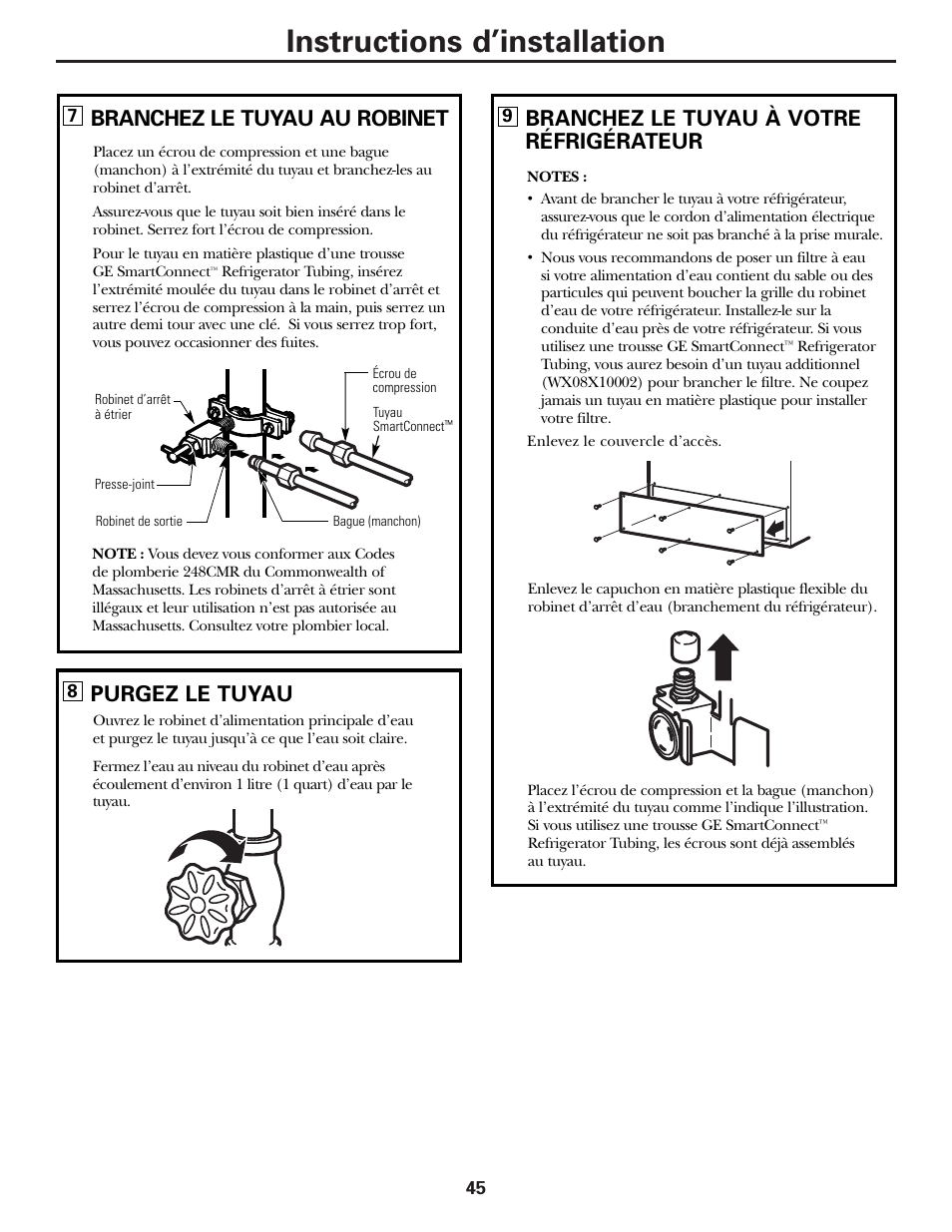 Instructions d’installation, Branchez le tuyau au robinet, Purgez le tuyau | Branchez le tuyau à votre réfrigérateur | Hotpoint 17 User Manual | Page 45 / 88
