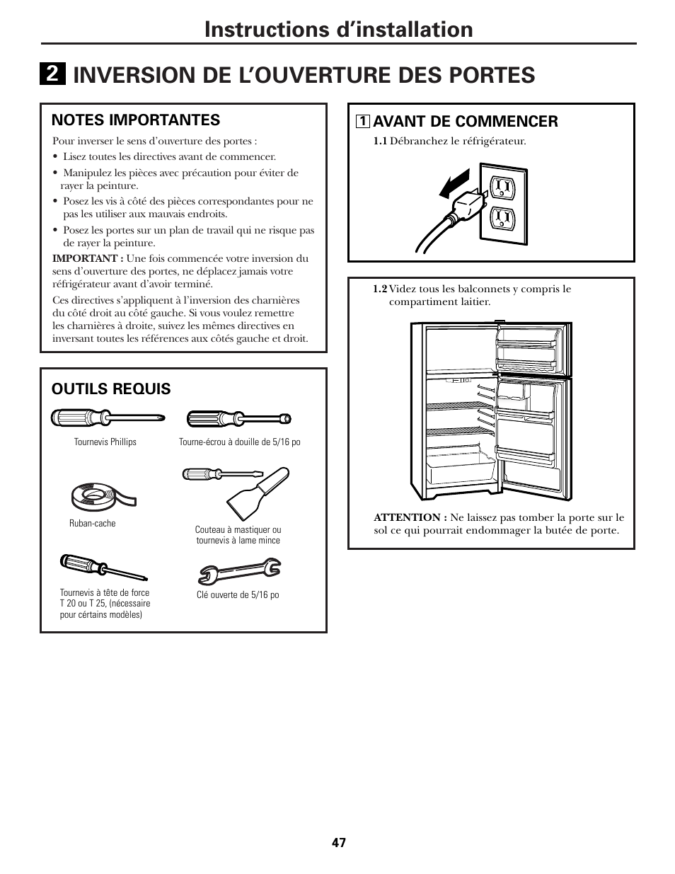 Inversion de l’ouverture des portes, Inversion de l’ouverture des portes –52, Outils requis | Avant de commencer | Hotpoint 17 User Manual | Page 47 / 88