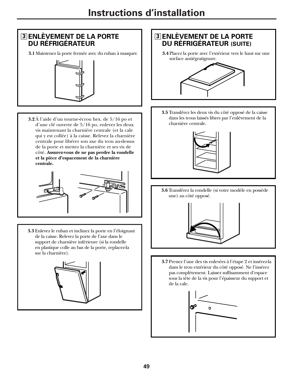 Instructions d’installation, Enlèvement de la porte du réfrigérateur | Hotpoint 17 User Manual | Page 49 / 88