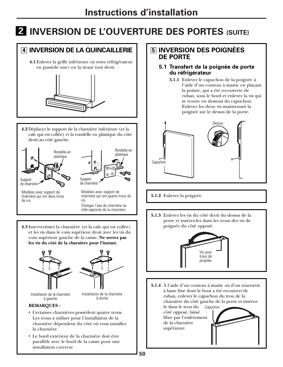 Inversion de l’ouverture des portes, Instructions d’installation, Suite) | Inversion de la quincaillerie, Inversion des poignées de porte | Hotpoint 17 User Manual | Page 50 / 88