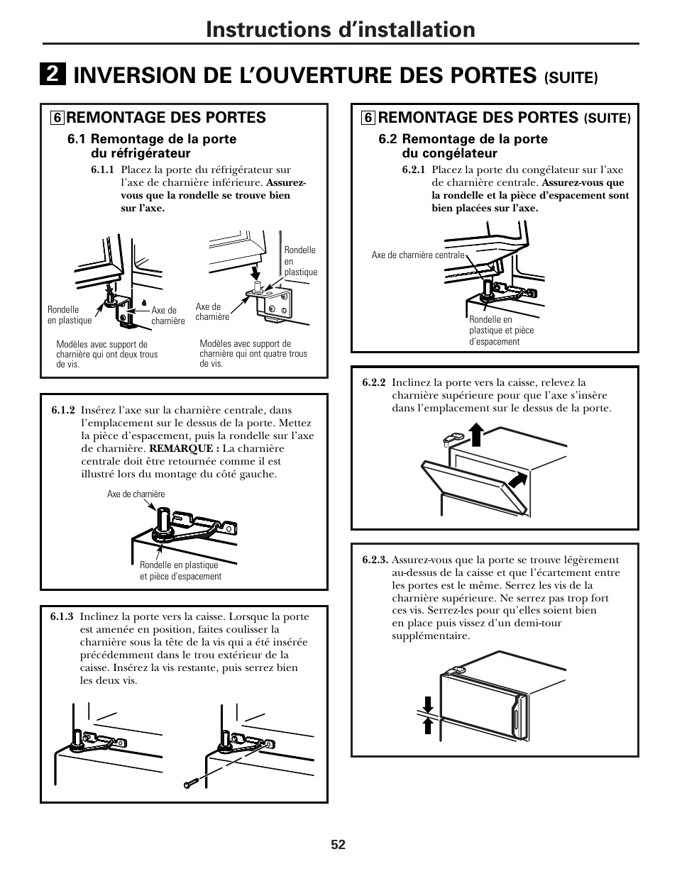 Instructions d’installation, Inversion de l’ouverture des portes, Remontage des portes | Suite) | Hotpoint 17 User Manual | Page 52 / 88