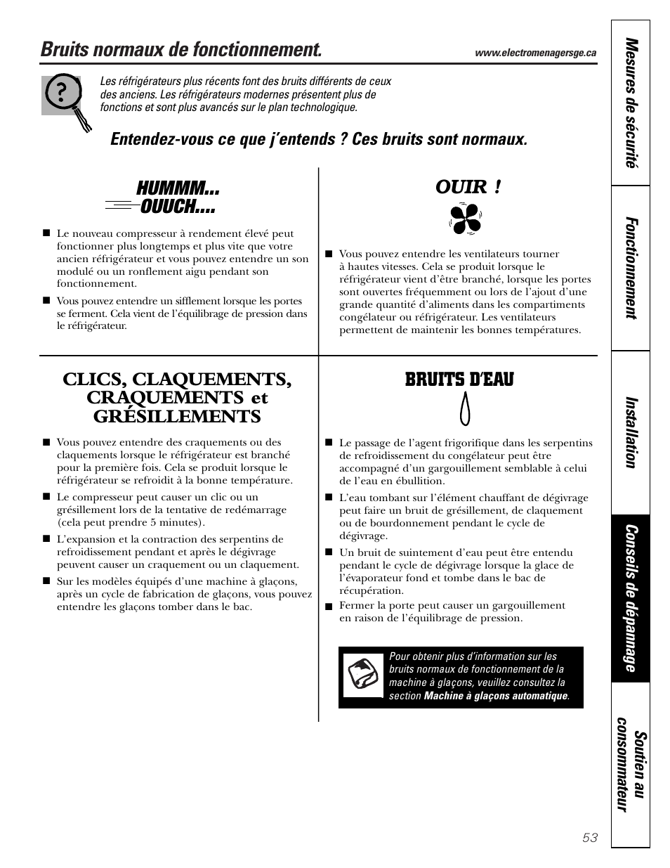 Bruits normaux de fonctionnement, Hummm... ouuch, Clics, claquements, craquements et grésillements | Bruits d’eau, Ouir | Hotpoint 17 User Manual | Page 53 / 88