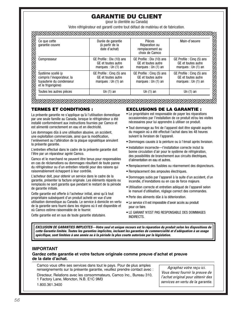 Garantie, Garantie du client | Hotpoint 17 User Manual | Page 56 / 88