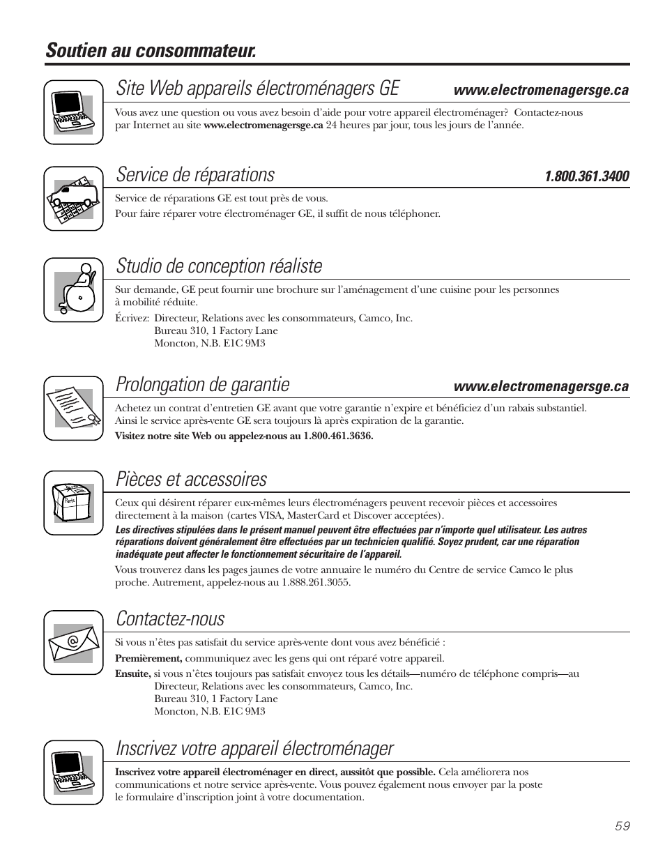 Soutien au consommateur, Service de réparations, Studio de conception réaliste | Prolongation de garantie, Pièces et accessoires, Contactez-nous, Inscrivez votre appareil électroménager | Hotpoint 17 User Manual | Page 59 / 88