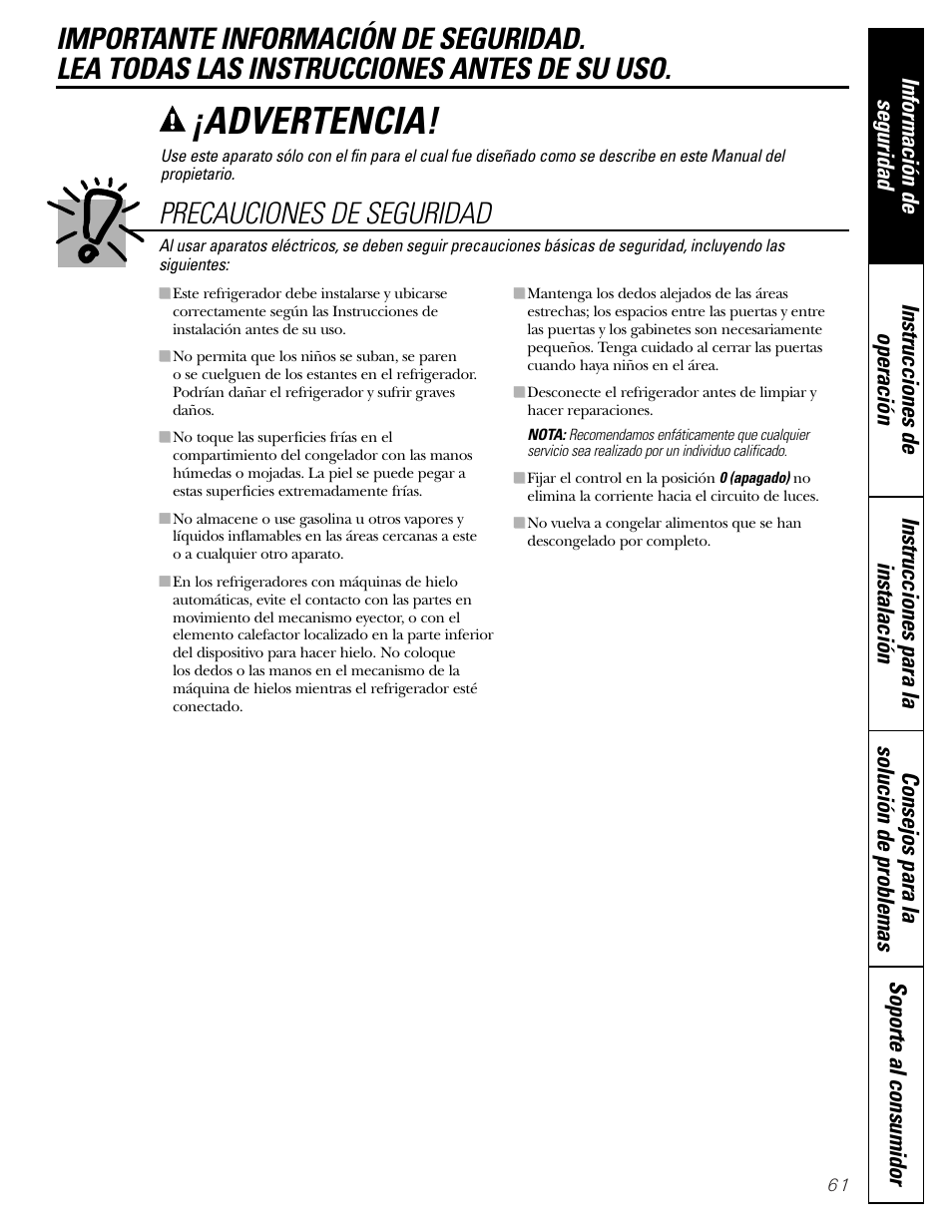 Información de seguridad, Advertencia, Precauciones de seguridad | Hotpoint 17 User Manual | Page 61 / 88