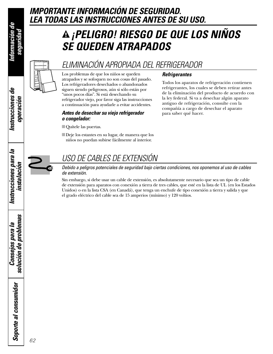 Uso de cables de extensión, Eliminación apropiada del refrigerador | Hotpoint 17 User Manual | Page 62 / 88