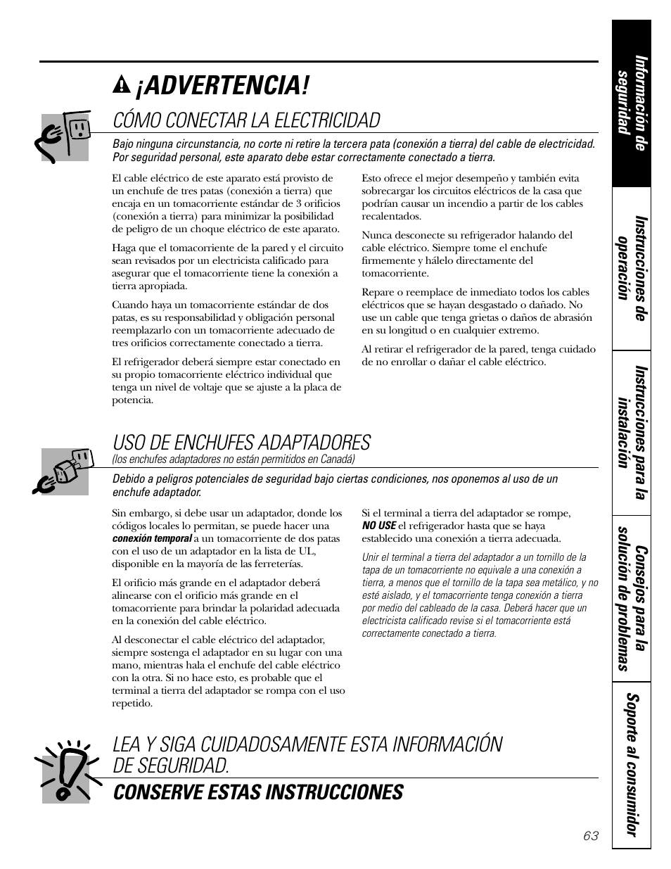 Advertencia, Cómo conectar la electricidad, Uso de enchufes adaptadores | Hotpoint 17 User Manual | Page 63 / 88