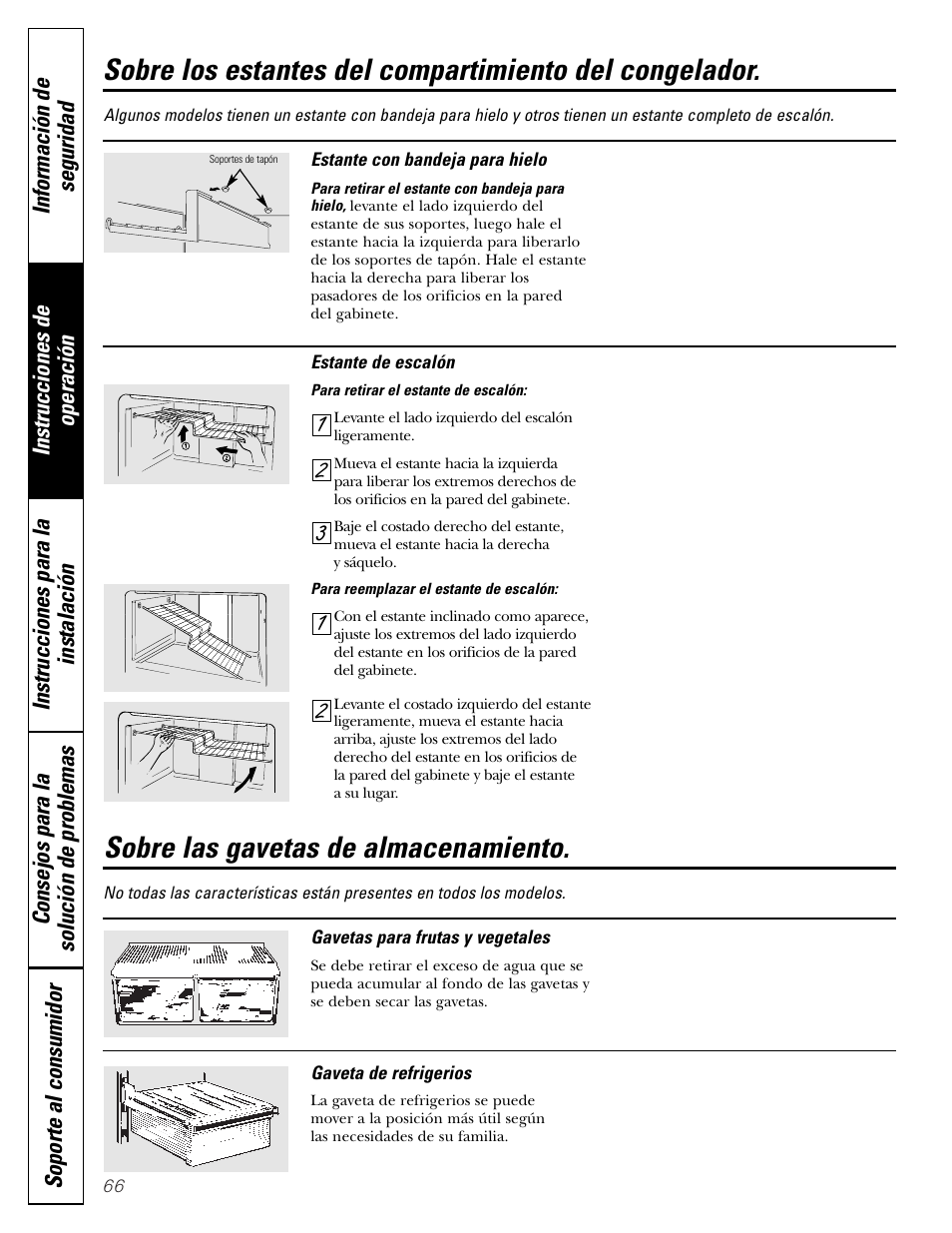 Gavetas de almacenamiento, Gavetas de almacenamiento , 67, Sobre las gavetas de almacenamiento | Hotpoint 17 User Manual | Page 66 / 88