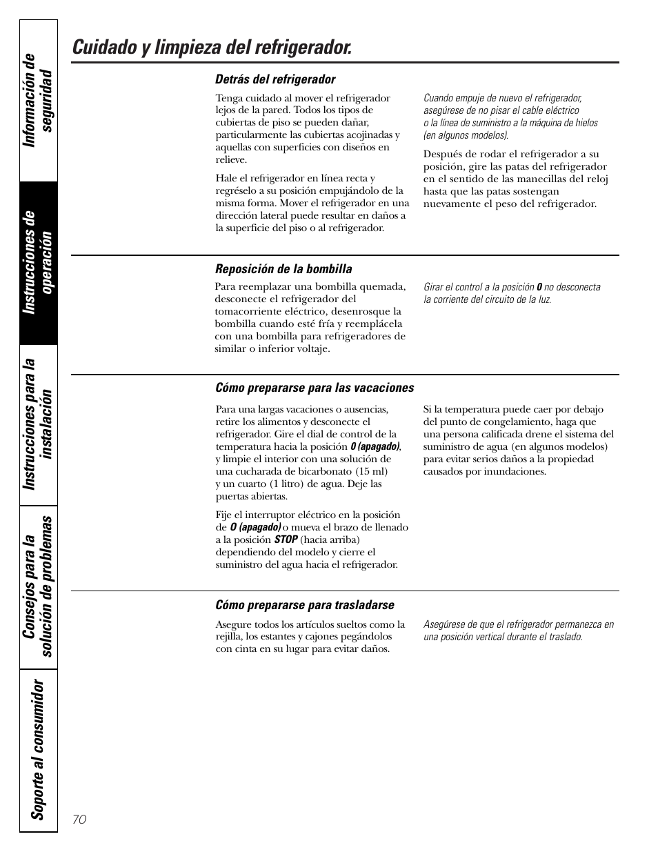 Cuidado y limpieza del refrigerador | Hotpoint 17 User Manual | Page 70 / 88