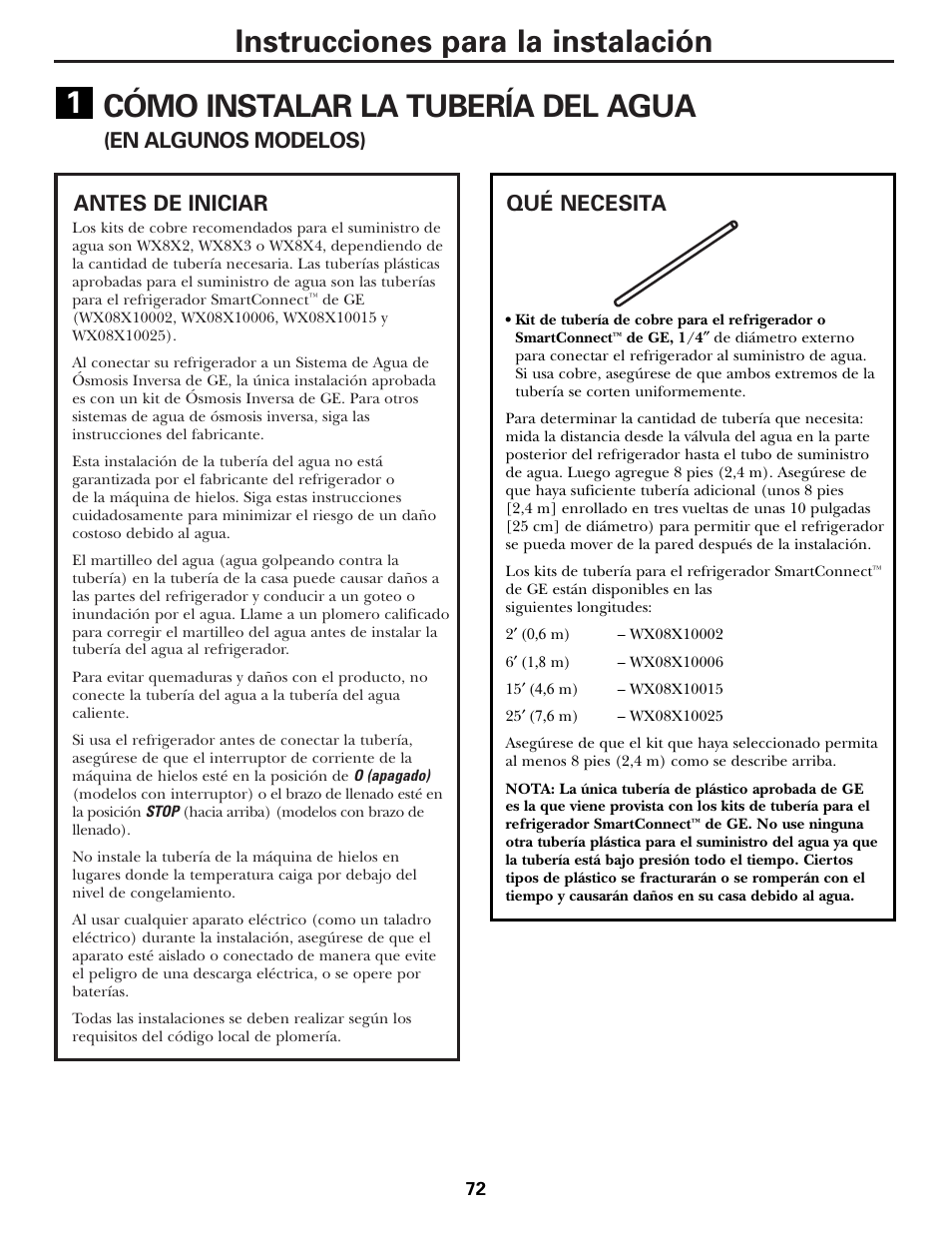 Instalación de la tubería del agua, Instalación de la tubería del agua –75, Cómo instalar la tubería del agua | Instrucciones para la instalación, En algunos modelos), Antes de iniciar qué necesita | Hotpoint 17 User Manual | Page 72 / 88