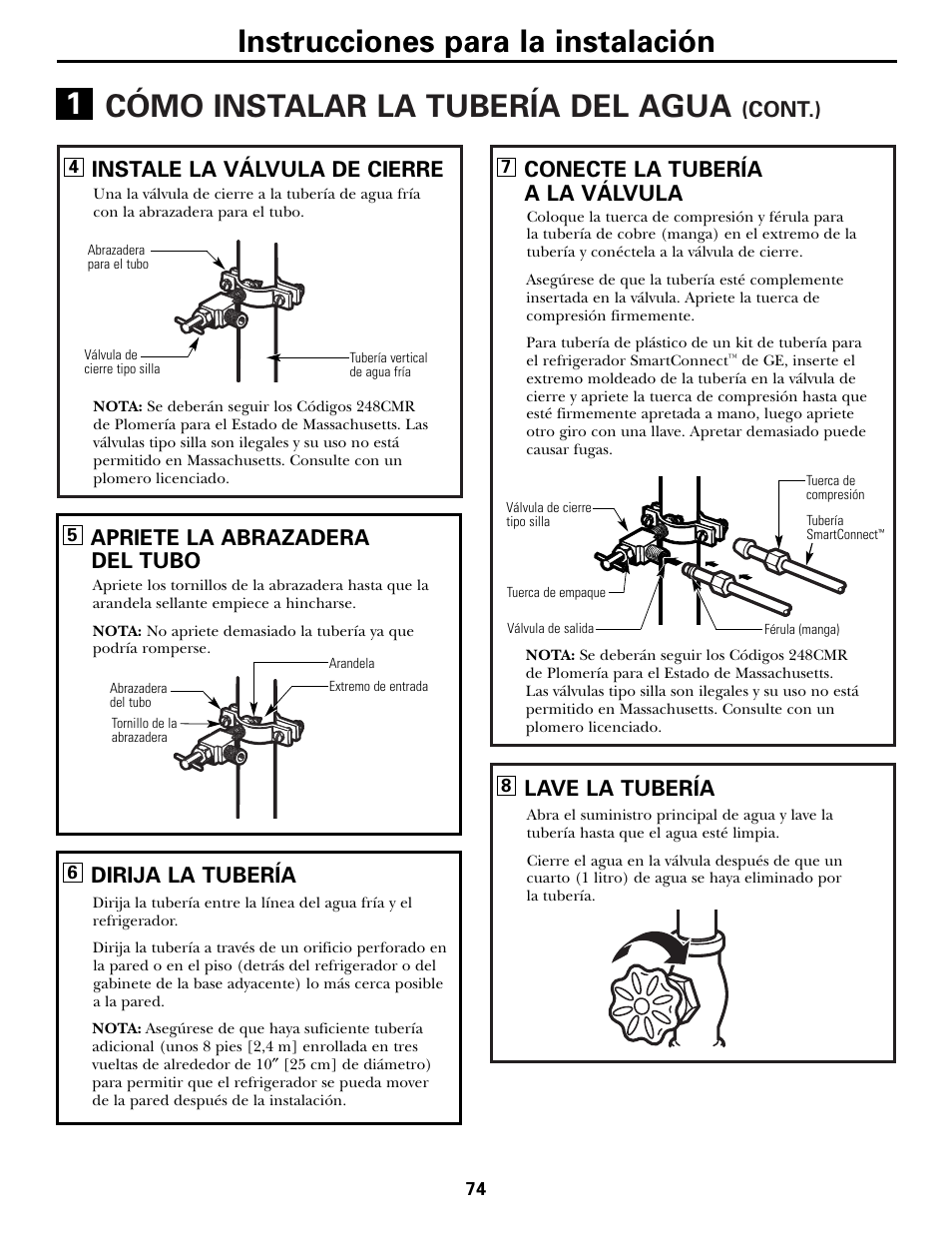 Cómo instalar la tubería del agua, Instrucciones para la instalación, Cont.) | Instale la válvula de cierre, Apriete la abrazadera del tubo, Dirija la tubería, Conecte la tubería a la válvula, Lave la tubería | Hotpoint 17 User Manual | Page 74 / 88