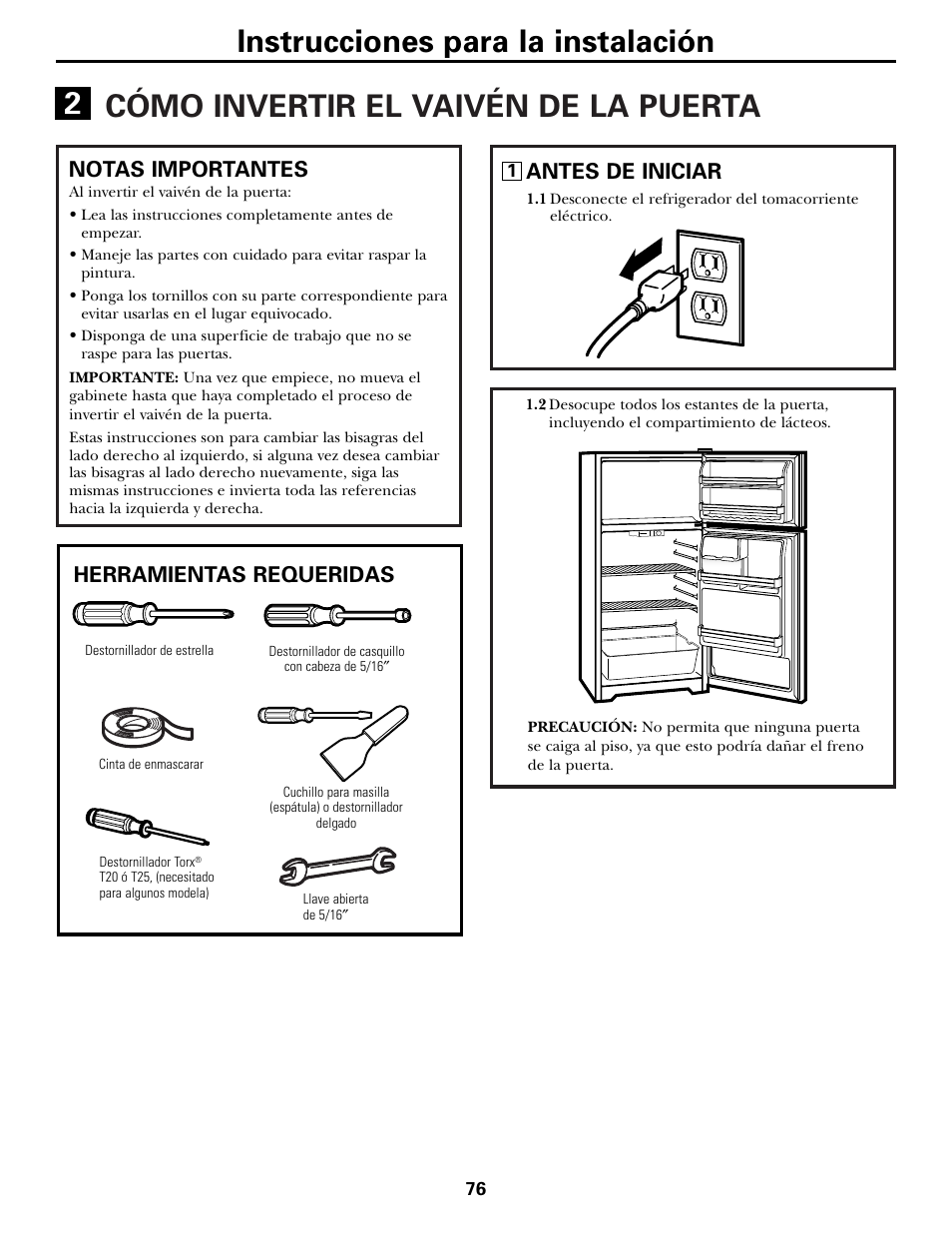 Cómo invertir el vaivén de la puerta, Cómo invertir el vaivén de la puerta –82, Instrucciones para la instalación | Notas importantes, Herramientas requeridas, Antes de iniciar | Hotpoint 17 User Manual | Page 76 / 88