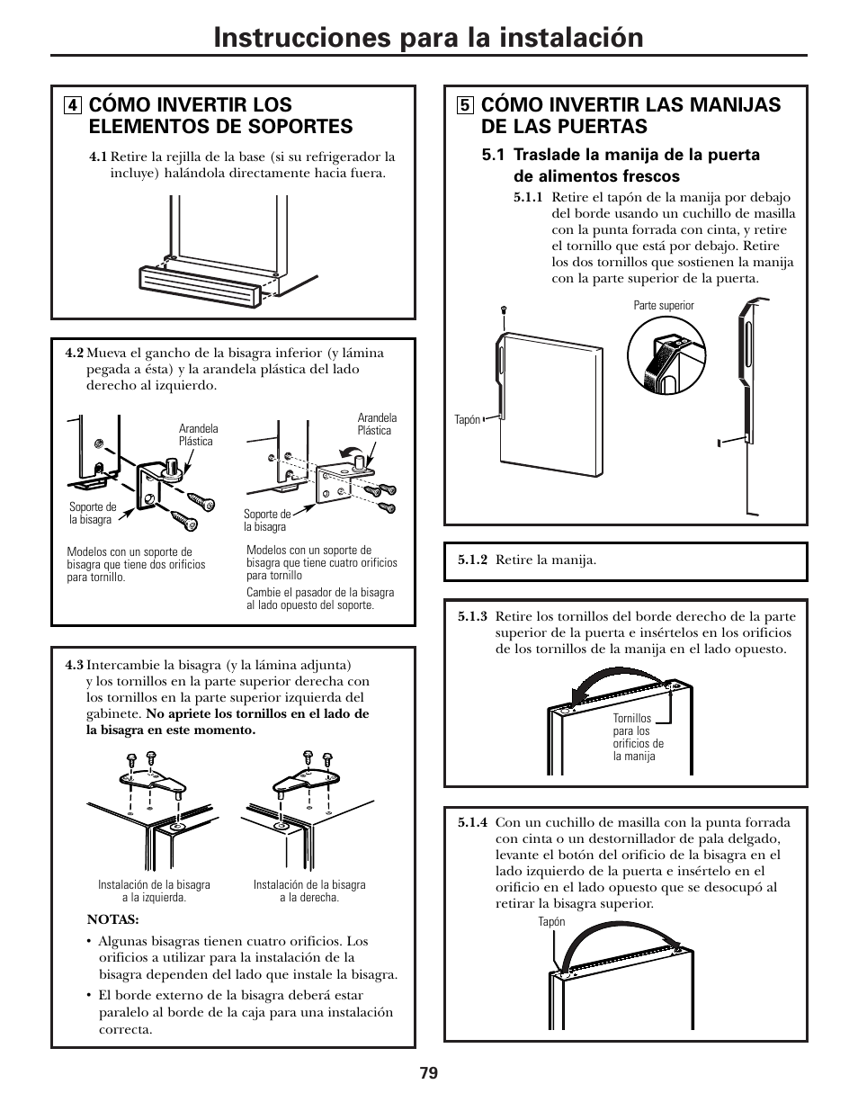 Instrucciones para la instalación, Cómo invertir los elementos de soportes, Cómo invertir las manijas de las puertas | Hotpoint 17 User Manual | Page 79 / 88