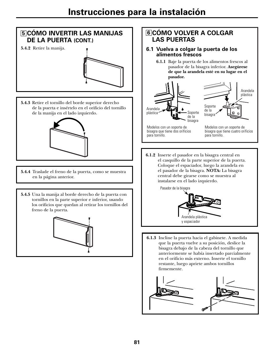 Instrucciones para la instalación, Cómo invertir las manijas de la puerta, Cómo volver a colgar las puertas | Hotpoint 17 User Manual | Page 81 / 88