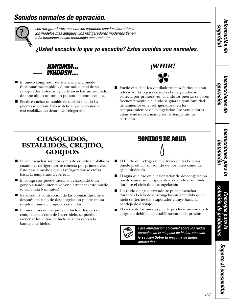 Sonidos normales de operación, Chasquidos, estallidos, crujido, gorjeos, Sonidos de agua | Whir | Hotpoint 17 User Manual | Page 83 / 88