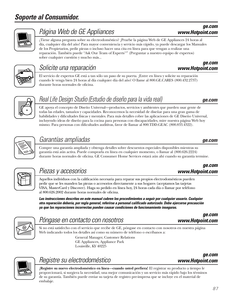 Soporte al consumidor, Garantías ampliadas, Página web de ge appliances | Solicite una reparación, Piezas y accesorios, Póngase en contacto con nosotros, Registre su electrodoméstico | Hotpoint 17 User Manual | Page 87 / 88