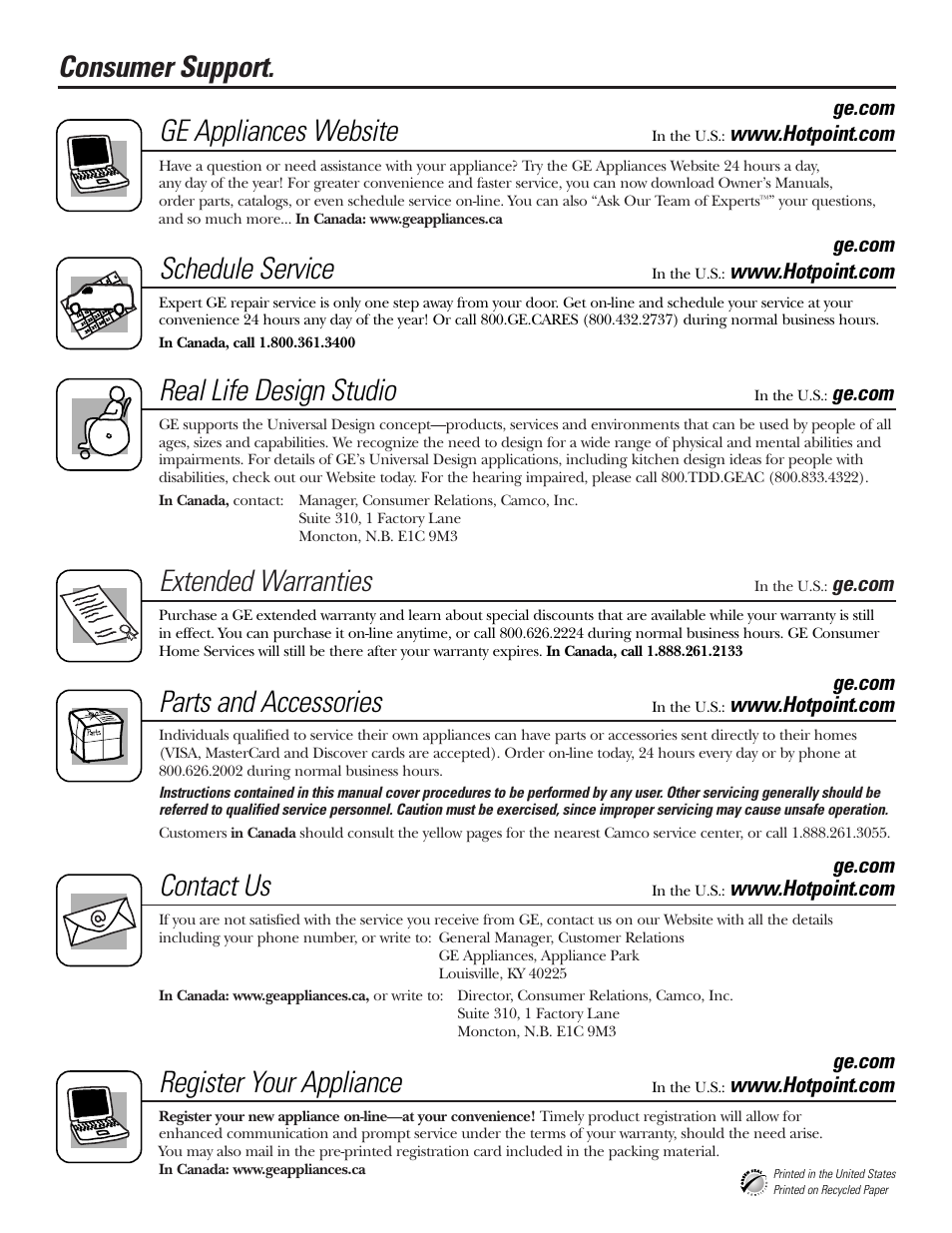 Consumer support, Consumer support . . . . back cover, Extended warranties | Ge appliances website, Schedule service, Real life design studio, Parts and accessories, Contact us, Register your appliance | Hotpoint 17 User Manual | Page 88 / 88