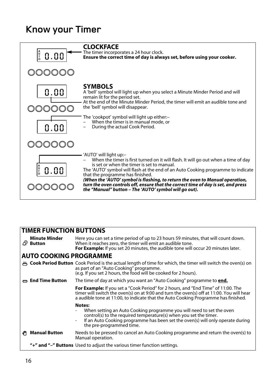 Know your timer, Clockface, Symbols | Timer function buttons auto cooking programme | Hotpoint BD62 BD52 User Manual | Page 16 / 48