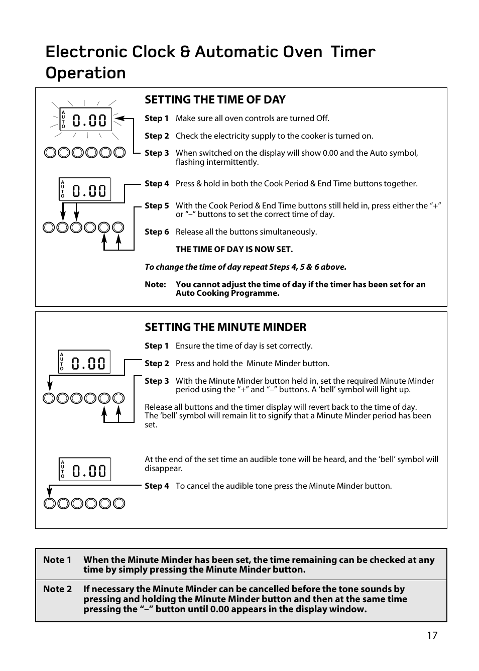 Electronic clock & automatic oven timer operation, Setting the time of day, Setting the minute minder | Hotpoint BD62 BD52 User Manual | Page 17 / 48