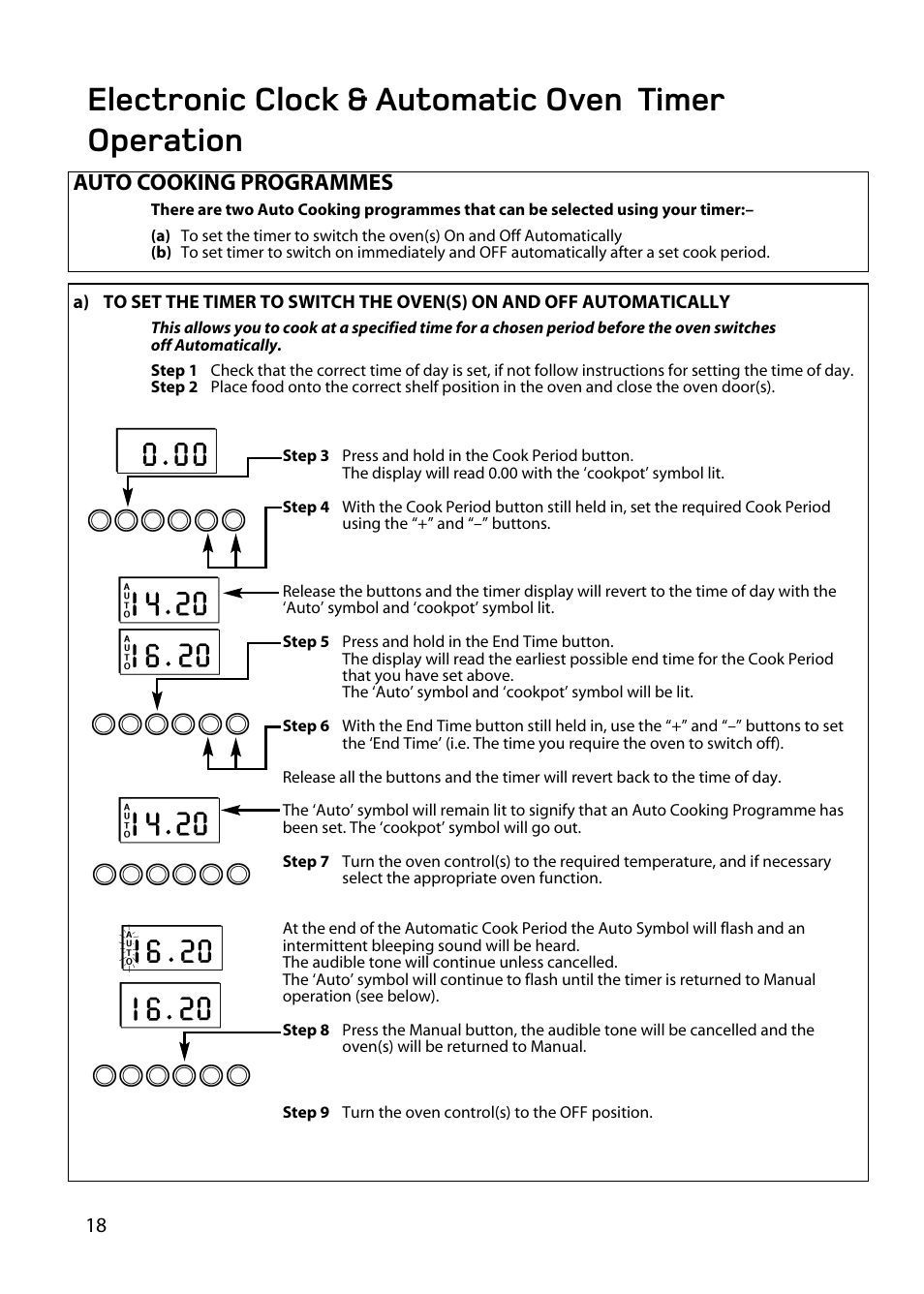 Electronic clock & automatic oven timer operation, Auto cooking programmes | Hotpoint BD62 BD52 User Manual | Page 18 / 48