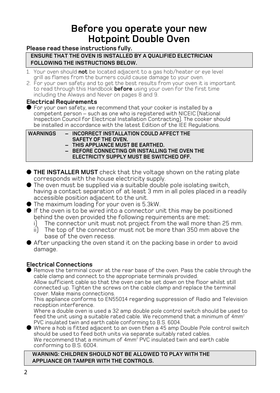Before you operate your new hotpoint double oven | Hotpoint BD62 BD52 User Manual | Page 2 / 48
