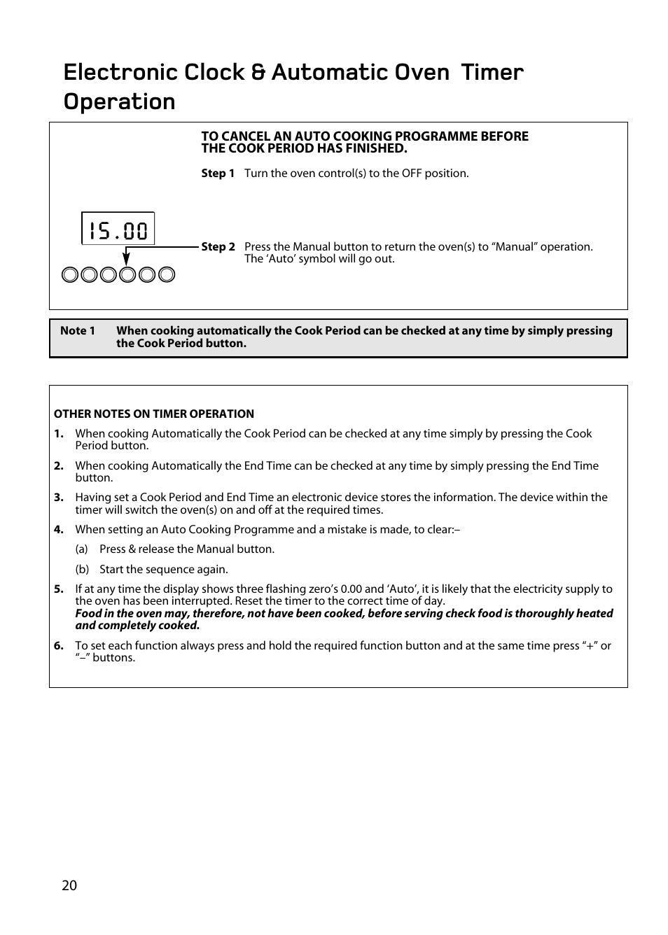 Electronic clock & automatic oven timer operation | Hotpoint BD62 BD52 User Manual | Page 20 / 48