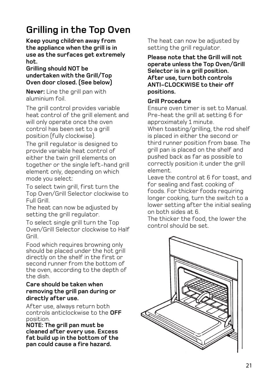 Grilling in the top oven | Hotpoint BD62 BD52 User Manual | Page 21 / 48