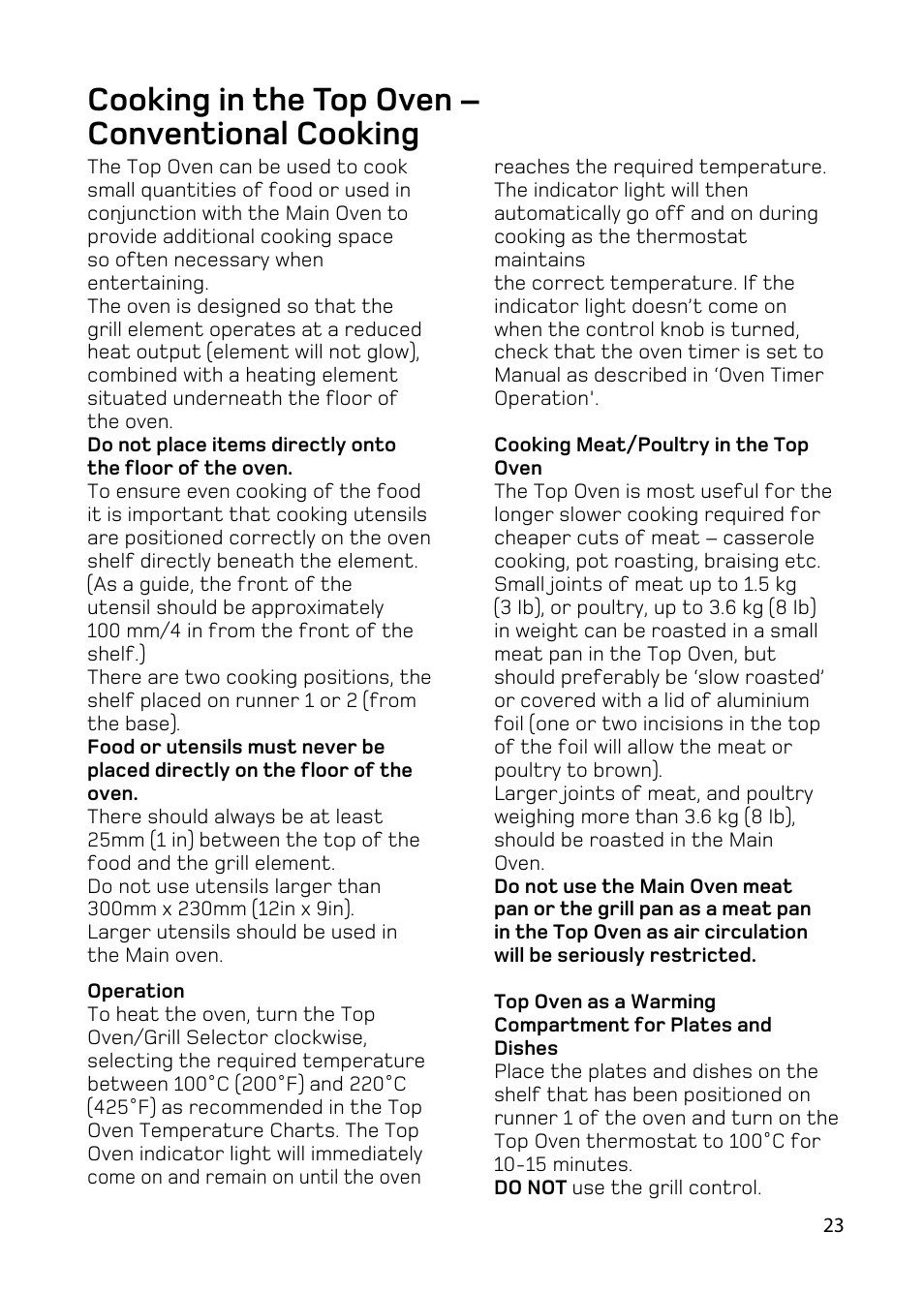 Cooking in the top oven – conventional cooking | Hotpoint BD62 BD52 User Manual | Page 23 / 48