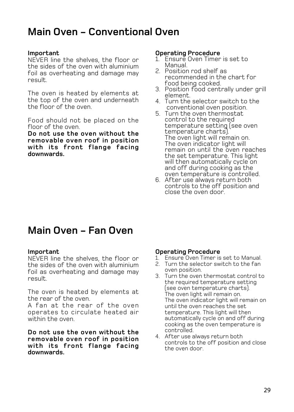 Main oven - conventional oven, Main oven - fan oven | Hotpoint BD62 BD52 User Manual | Page 29 / 48