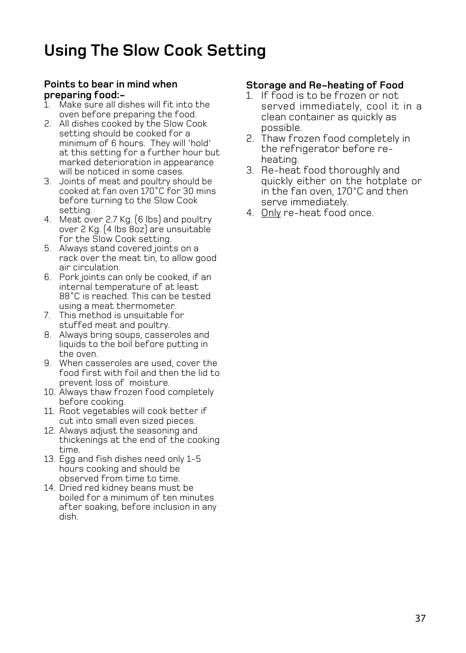 Using the slow cook setting | Hotpoint BD62 BD52 User Manual | Page 37 / 48