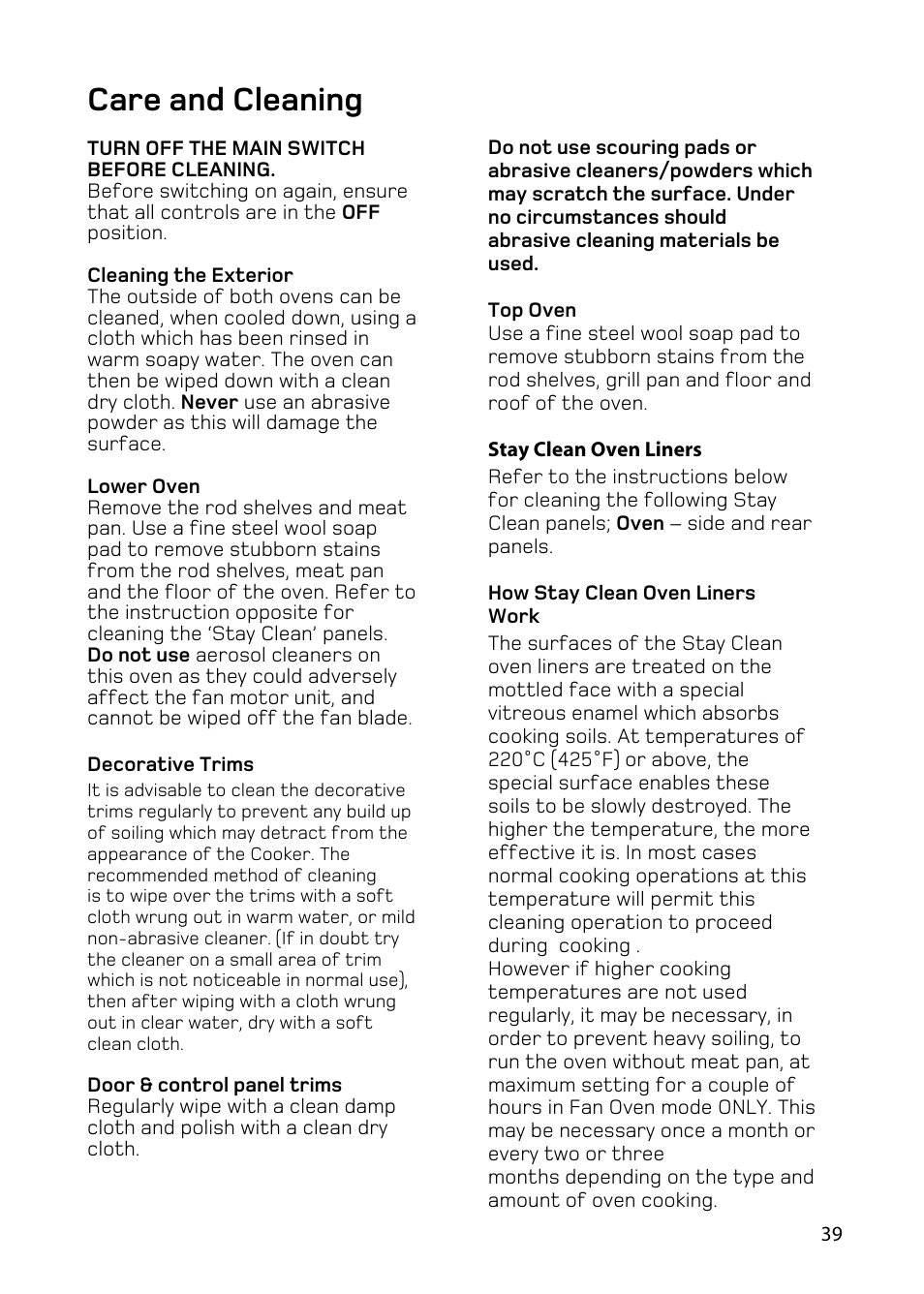 Care and cleaning | Hotpoint BD62 BD52 User Manual | Page 39 / 48