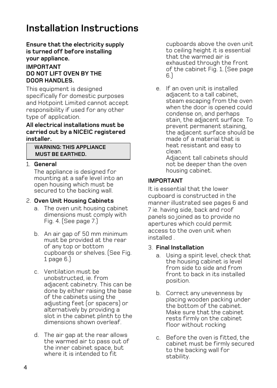 Installation instructions | Hotpoint BD62 BD52 User Manual | Page 4 / 48