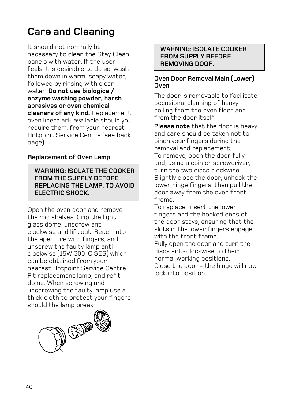 Care and cleaning | Hotpoint BD62 BD52 User Manual | Page 40 / 48