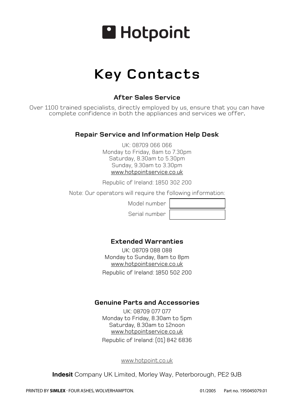 Key contacts | Hotpoint BD62 BD52 User Manual | Page 48 / 48