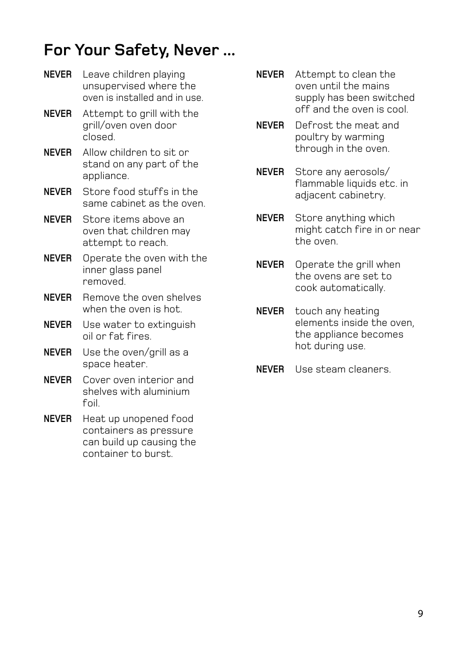 For your safety, never | Hotpoint BD62 BD52 User Manual | Page 9 / 48