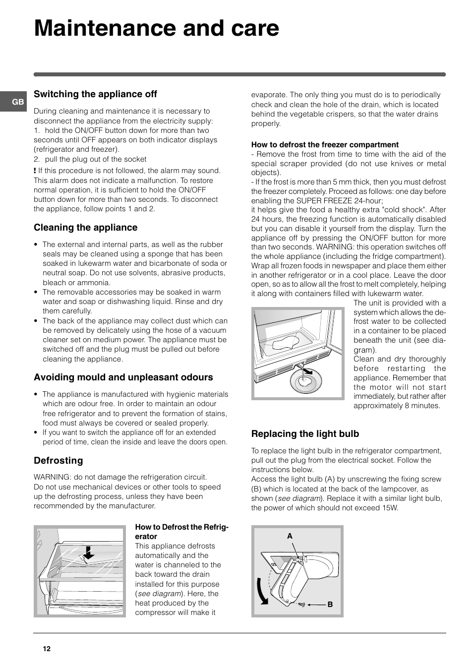 Maintenance and care | Hotpoint HME40N User Manual | Page 12 / 20