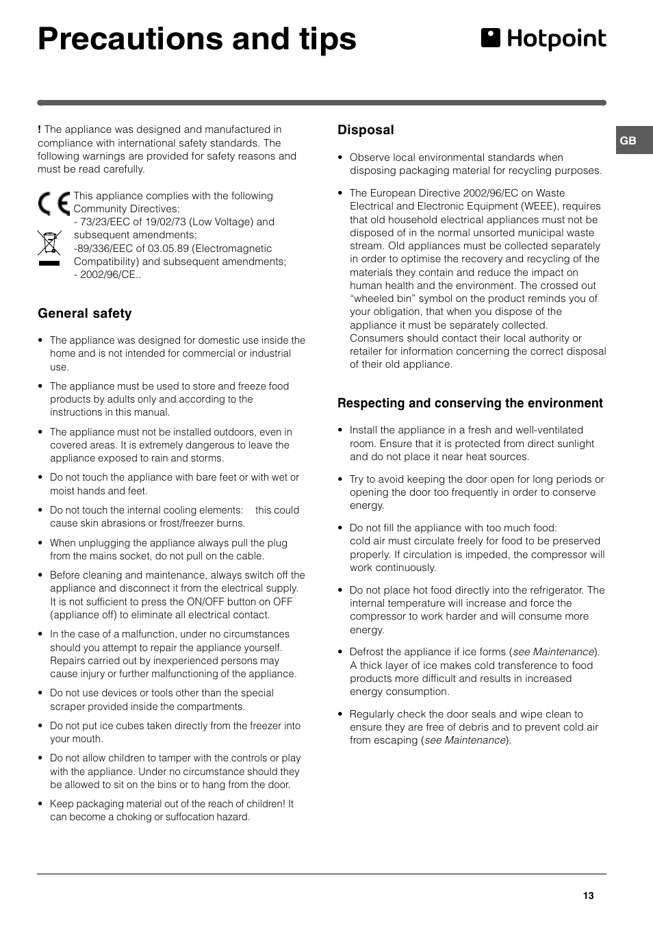 Precautions and tips | Hotpoint HME40N User Manual | Page 13 / 20