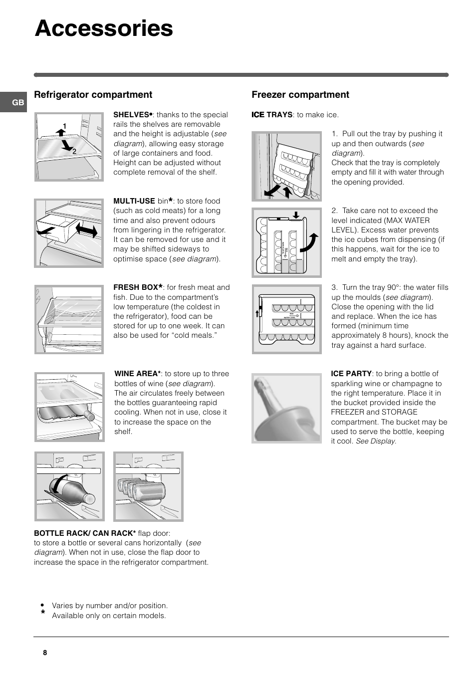 Accessories, Refrigerator compartment, Freezer compartment | Hotpoint HME40N User Manual | Page 8 / 20