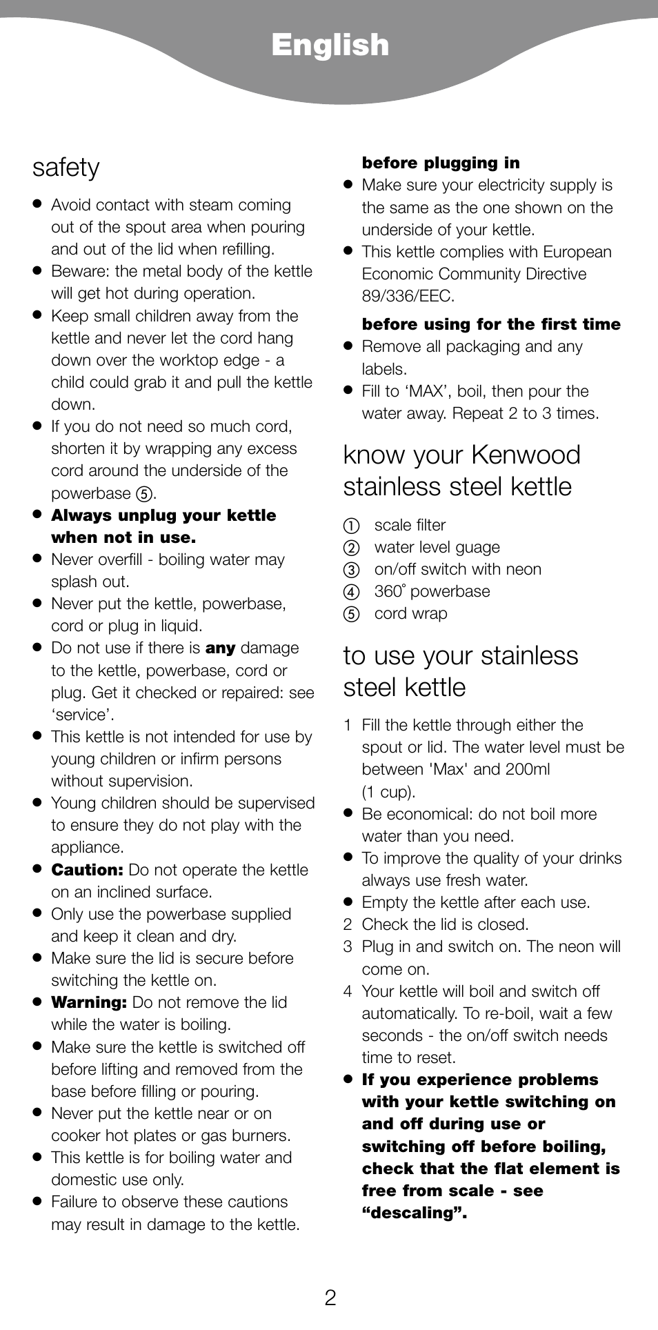 English, Safety, Know your kenwood stainless steel kettle | Kenwood SK620 User Manual | Page 5 / 48