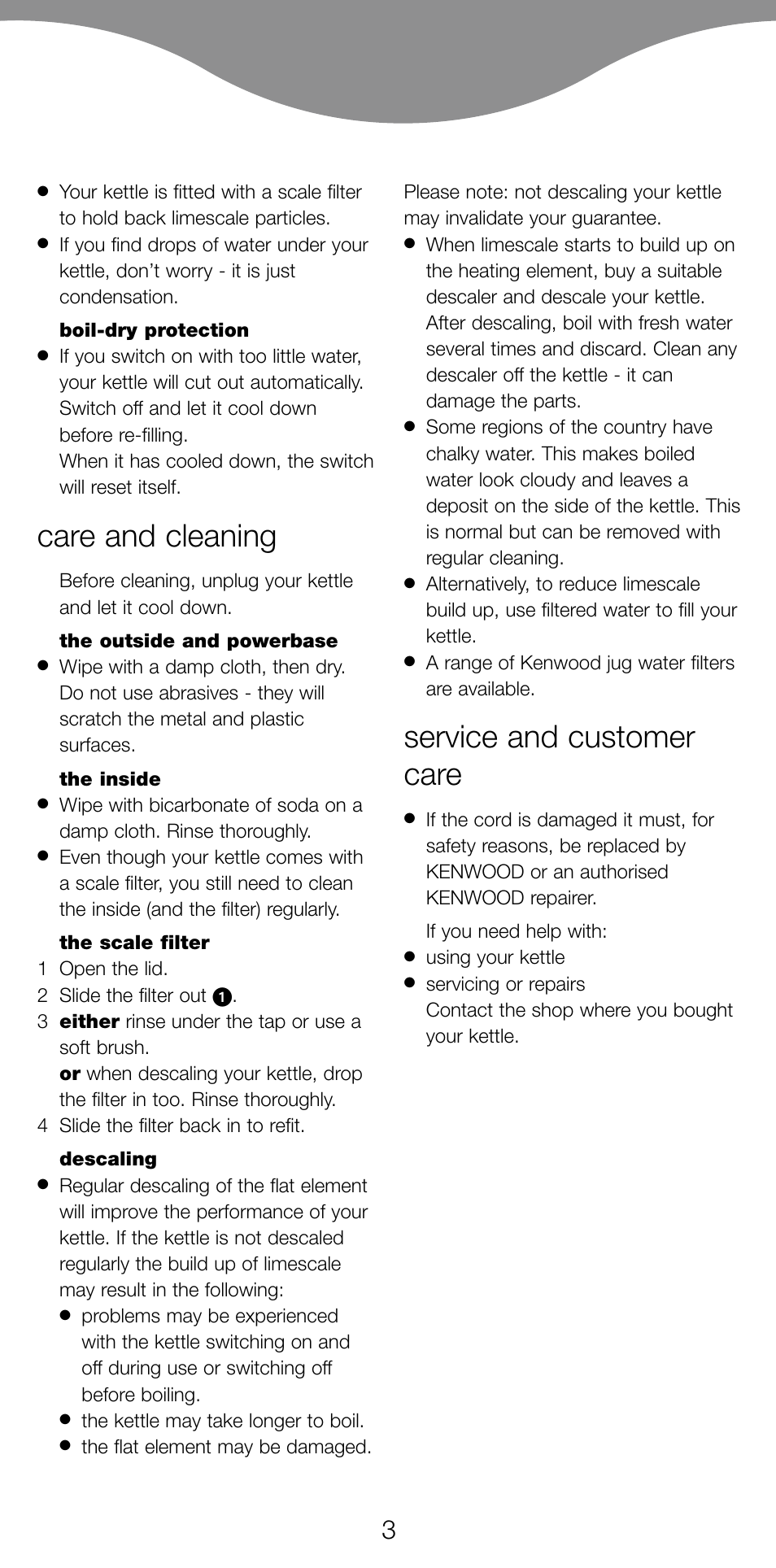 Care and cleaning, Service and customer care | Kenwood SK620 User Manual | Page 6 / 48