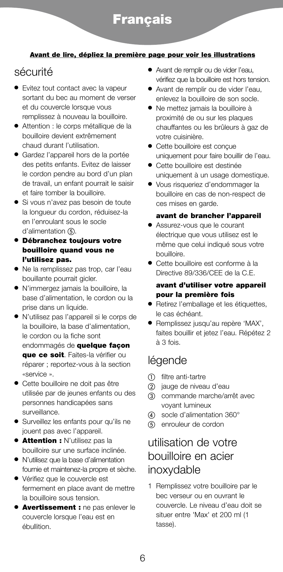 Français, Sécurité, Légende | Kenwood SK620 User Manual | Page 9 / 48