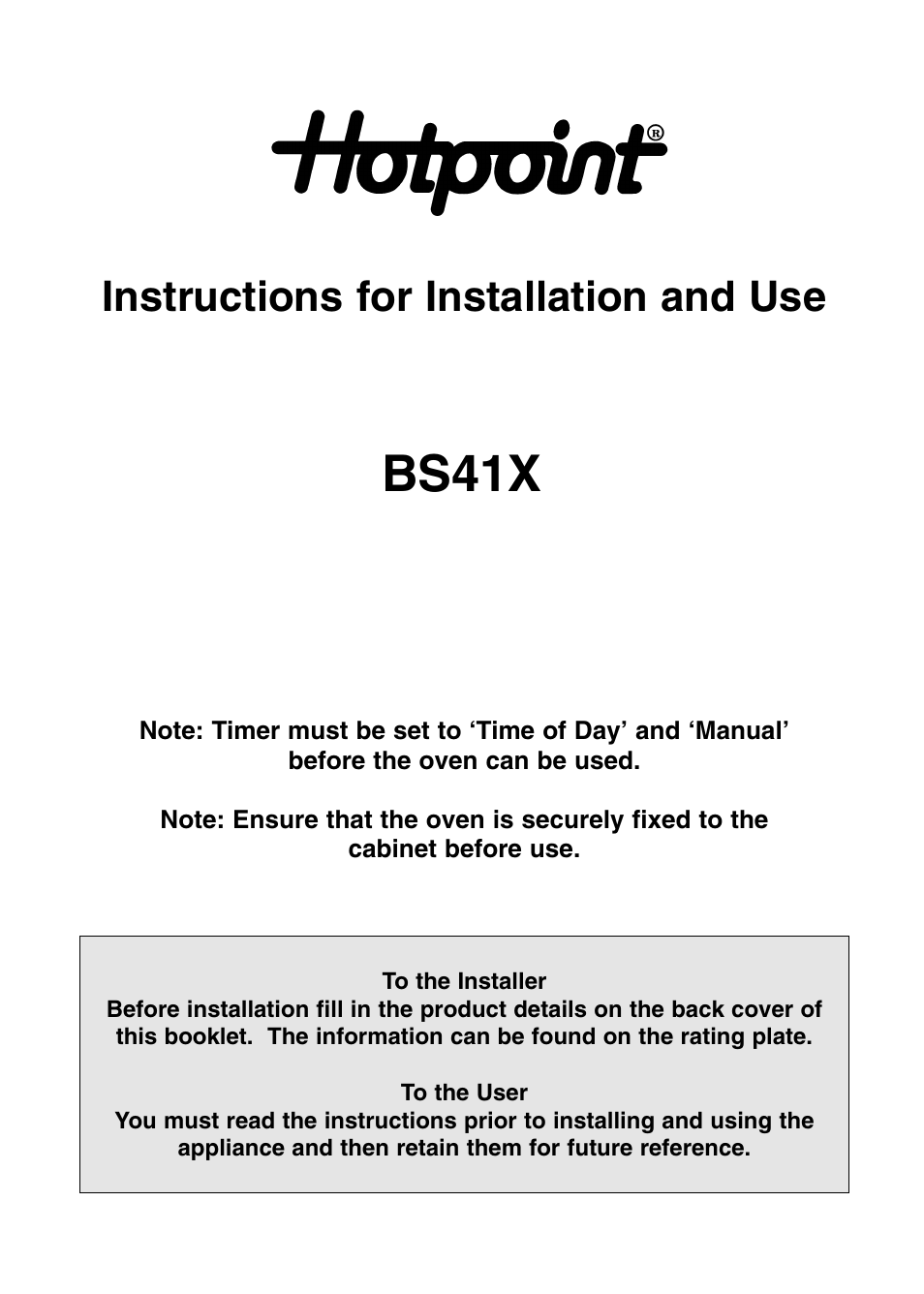 Hotpoint BS41X User Manual | 36 pages