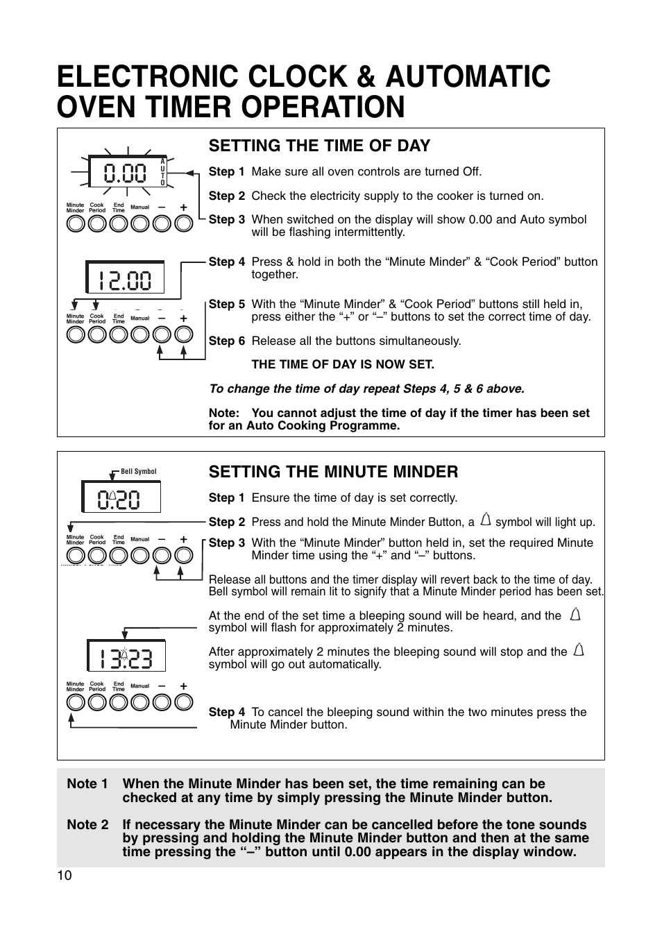 Electronic clock & automatic oven timer operation, Setting the time of day, Setting the minute minder | Hotpoint BS41X User Manual | Page 10 / 36