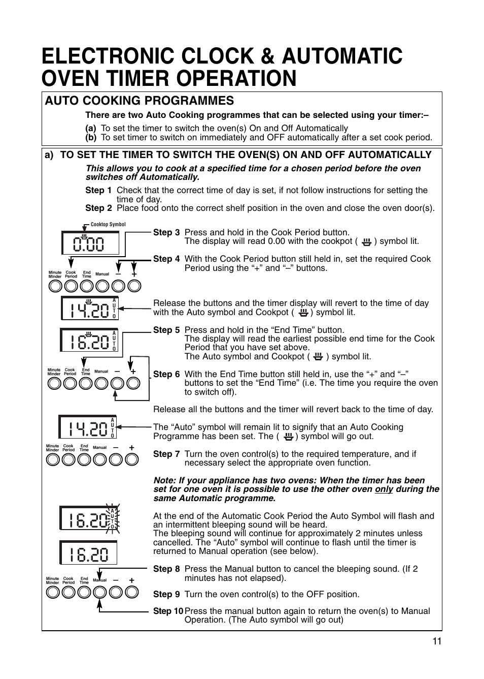 Electronic clock & automatic oven timer operation, Auto cooking programmes | Hotpoint BS41X User Manual | Page 11 / 36
