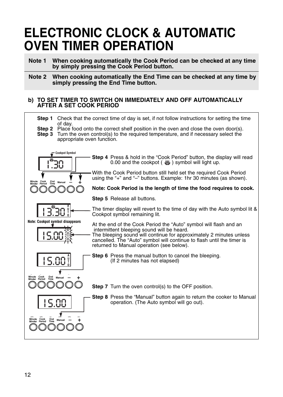 Electronic clock & automatic oven timer operation | Hotpoint BS41X User Manual | Page 12 / 36